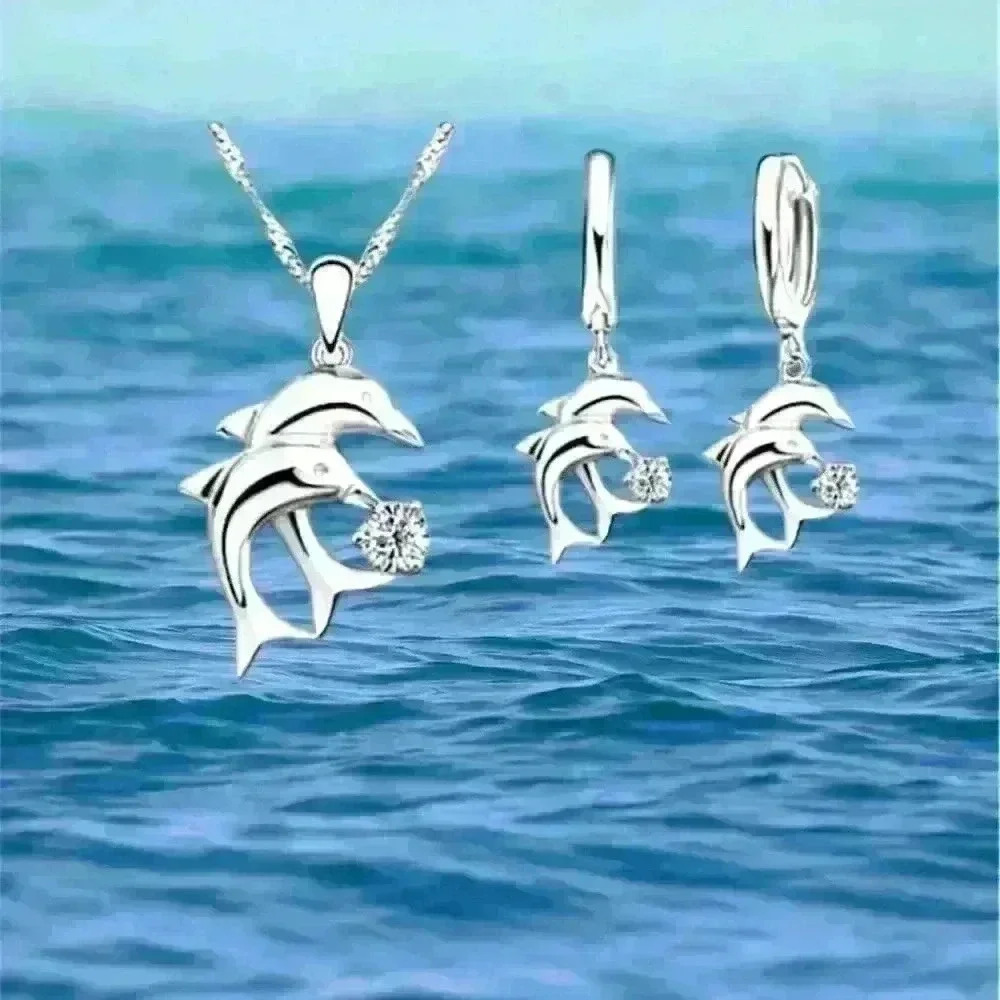 Dolphin🐬 Necklace and Hoop Earrings Set